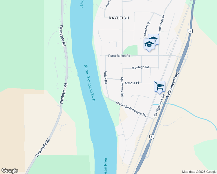 map of restaurants, bars, coffee shops, grocery stores, and more near 4240 Furiak Road in Kamloops