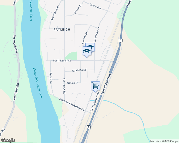map of restaurants, bars, coffee shops, grocery stores, and more near 321 Montego Road in Kamloops