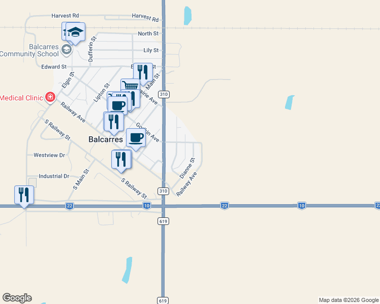 map of restaurants, bars, coffee shops, grocery stores, and more near 121 Dianne Street in Balcarres