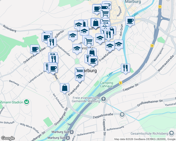 map of restaurants, bars, coffee shops, grocery stores, and more near in Marburg