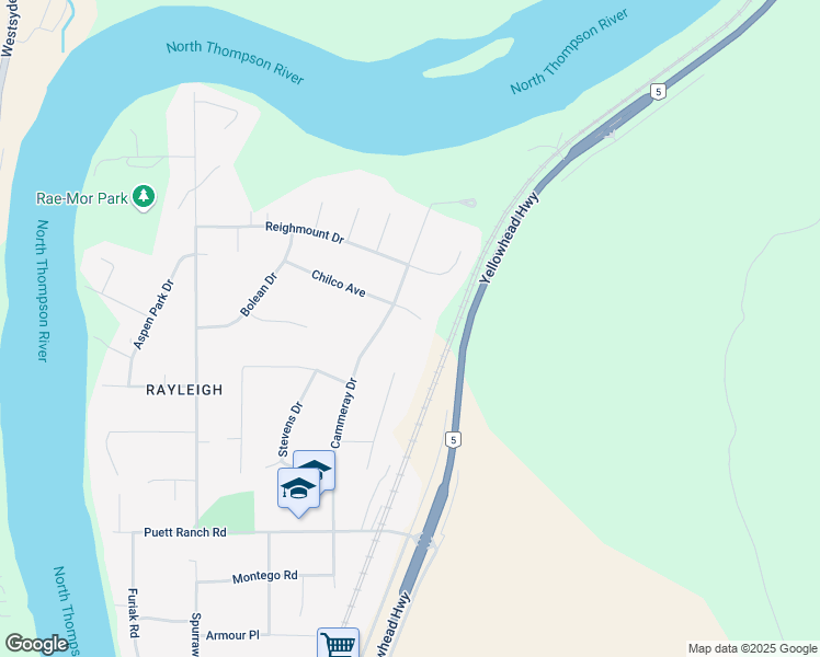 map of restaurants, bars, coffee shops, grocery stores, and more near 447 Chilco Avenue in Kamloops