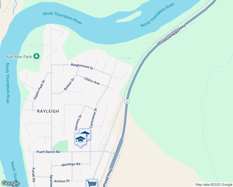 map of restaurants, bars, coffee shops, grocery stores, and more near 447 Chilco Avenue in Kamloops