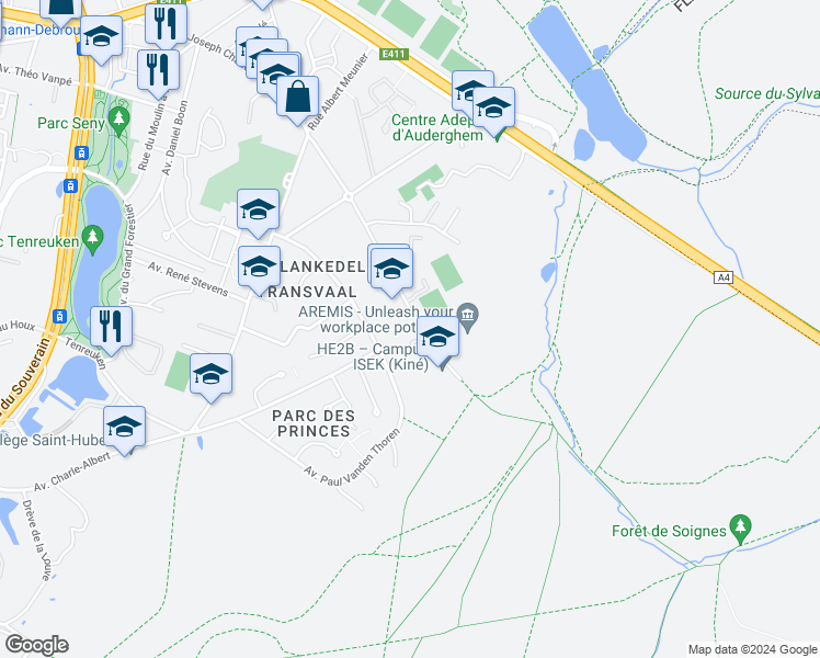 map of restaurants, bars, coffee shops, grocery stores, and more near 89 Avenue Charles Schaller in Auderghem