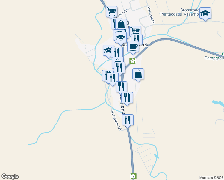map of restaurants, bars, coffee shops, grocery stores, and more near 1055 Old Cariboo Road in Cache Creek