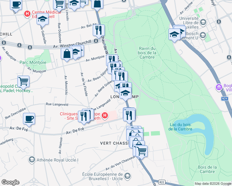 map of restaurants, bars, coffee shops, grocery stores, and more near 60 Rue du Framboisier in Uccle