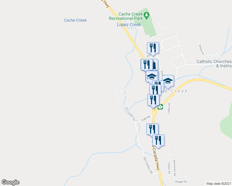 map of restaurants, bars, coffee shops, grocery stores, and more near 1321 Old Cariboo Road in Cache Creek