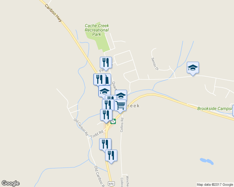 map of restaurants, bars, coffee shops, grocery stores, and more near 1374 Quartz Road in Cache Creek