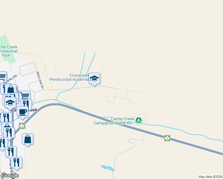 map of restaurants, bars, coffee shops, grocery stores, and more near 1596 Cumming Boulevard in Cache Creek