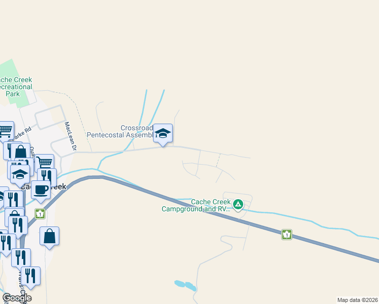 map of restaurants, bars, coffee shops, grocery stores, and more near 1596 Cumming Boulevard in Cache Creek