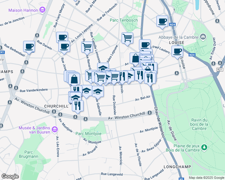 map of restaurants, bars, coffee shops, grocery stores, and more near 67 Rue Dodonée in Uccle