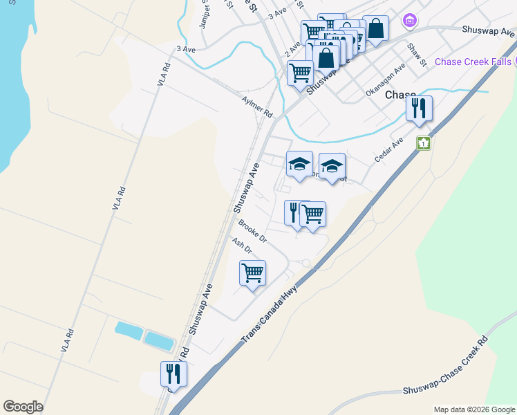 map of restaurants, bars, coffee shops, grocery stores, and more near 313 Shuswap Avenue in Chase