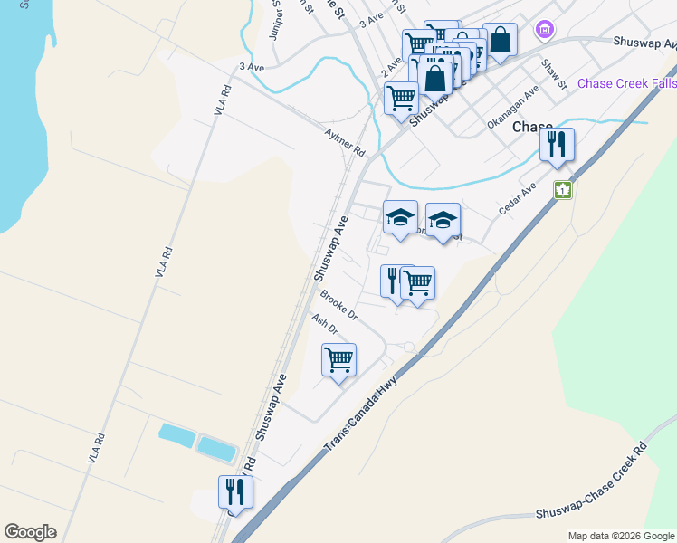 map of restaurants, bars, coffee shops, grocery stores, and more near 313 Shuswap Avenue in Chase