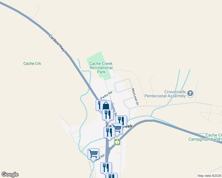 map of restaurants, bars, coffee shops, grocery stores, and more near 1374 Quartz Road in Cache Creek