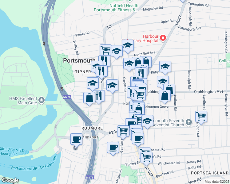 map of restaurants, bars, coffee shops, grocery stores, and more near 62 Angerstein Road in Portsmouth