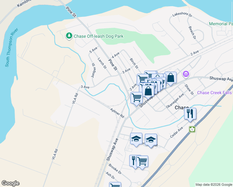 map of restaurants, bars, coffee shops, grocery stores, and more near 105-115 Aylmer Road in Chase