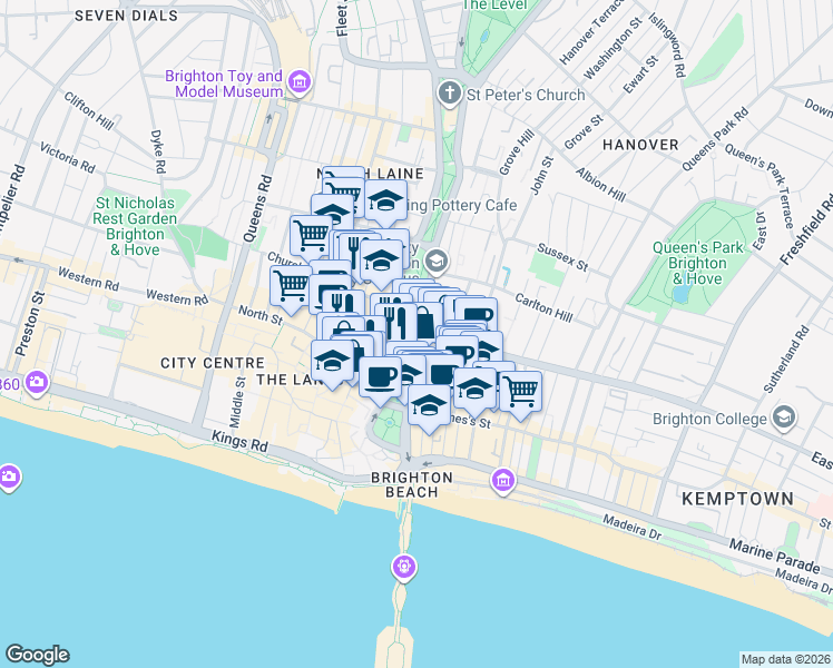 map of restaurants, bars, coffee shops, grocery stores, and more near in Brighton and Hove
