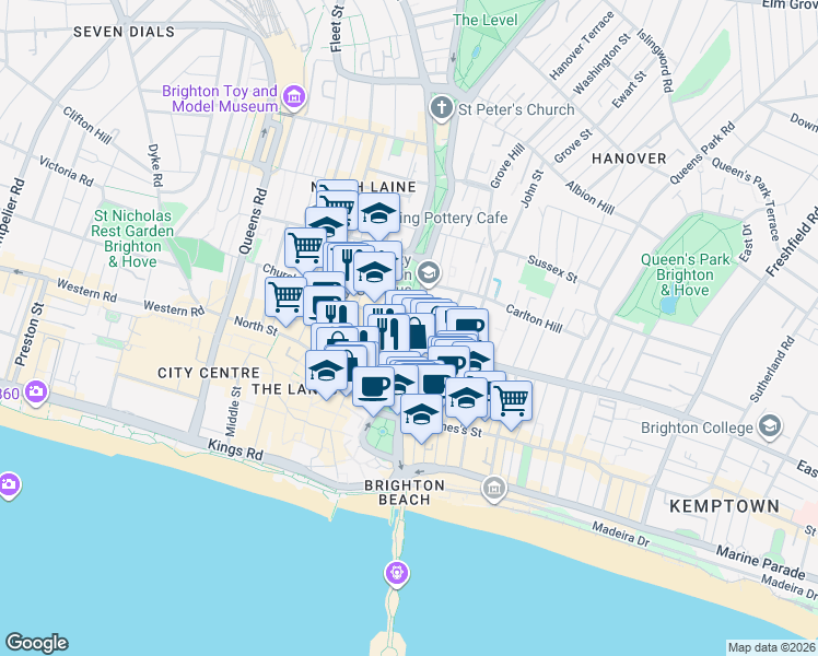 map of restaurants, bars, coffee shops, grocery stores, and more near in Brighton and Hove
