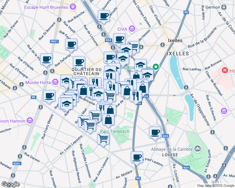 map of restaurants, bars, coffee shops, grocery stores, and more near 72 Rue Armand Campenhout in Ixelles