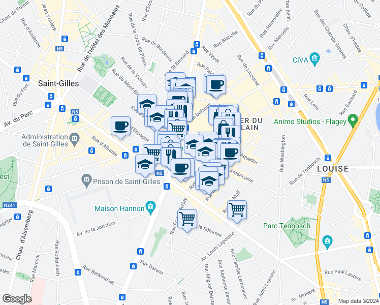 map of restaurants, bars, coffee shops, grocery stores, and more near 25 Rue Américaine in Saint-Gilles