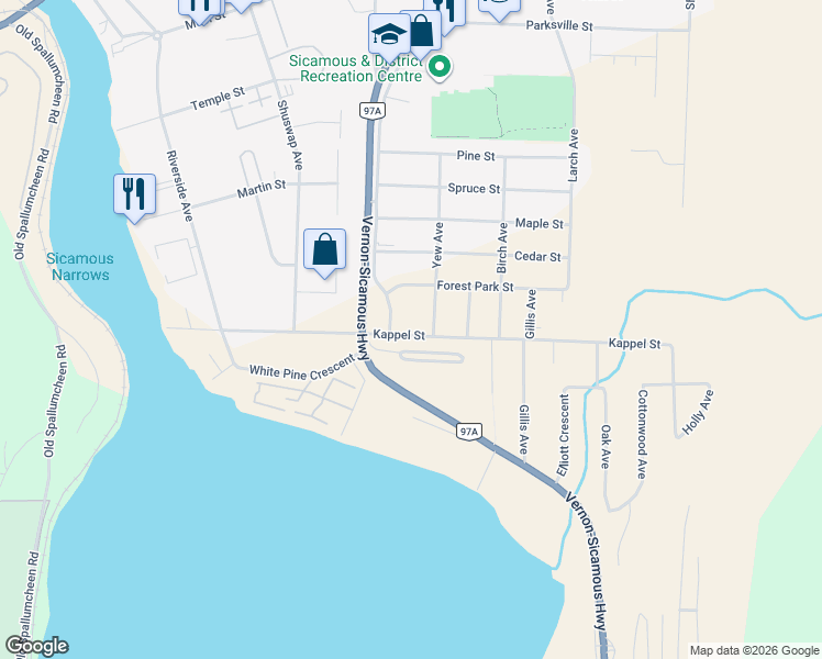 map of restaurants, bars, coffee shops, grocery stores, and more near 514 Kappel Street in Sicamous