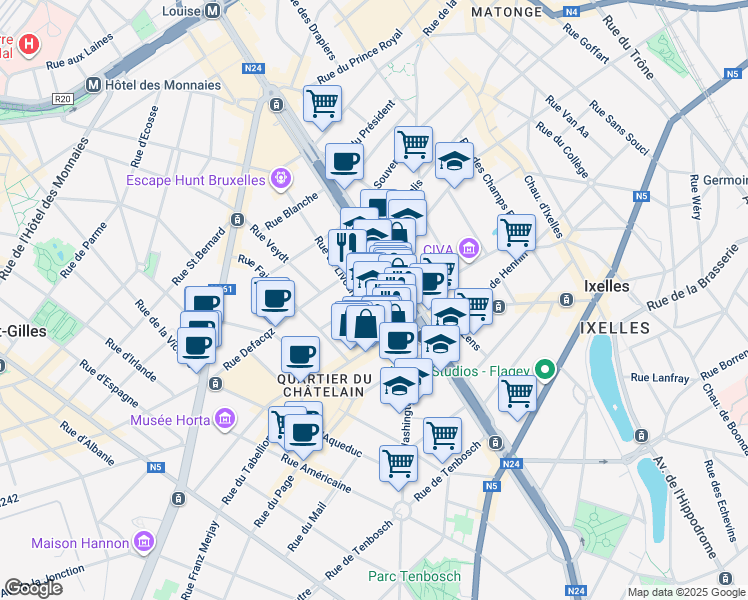 map of restaurants, bars, coffee shops, grocery stores, and more near 6 Rue Paul Emile Janson in Bruxelles