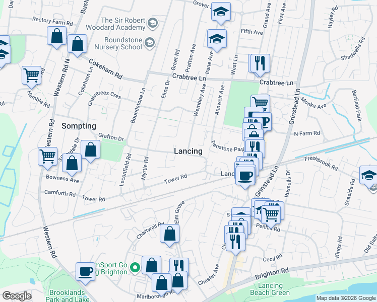 map of restaurants, bars, coffee shops, grocery stores, and more near in Lancing