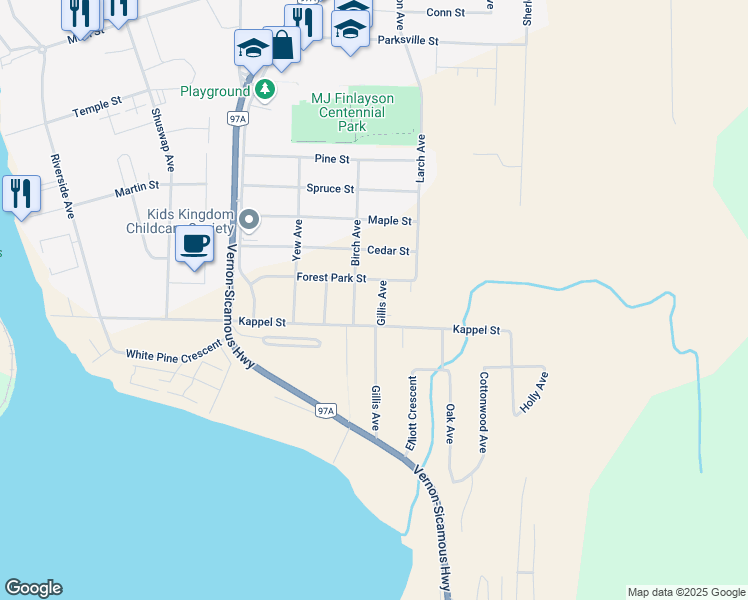 map of restaurants, bars, coffee shops, grocery stores, and more near 610 Gillis Avenue in Sicamous