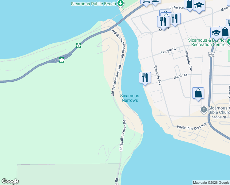 map of restaurants, bars, coffee shops, grocery stores, and more near 425 Old Spallumcheen Road in Sicamous