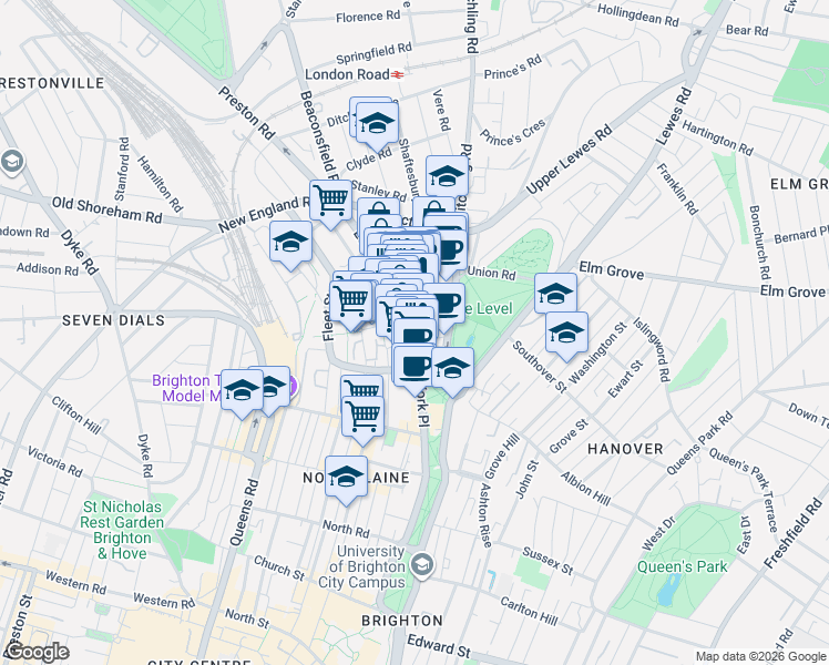 map of restaurants, bars, coffee shops, grocery stores, and more near 132 London Road in Brighton and Hove