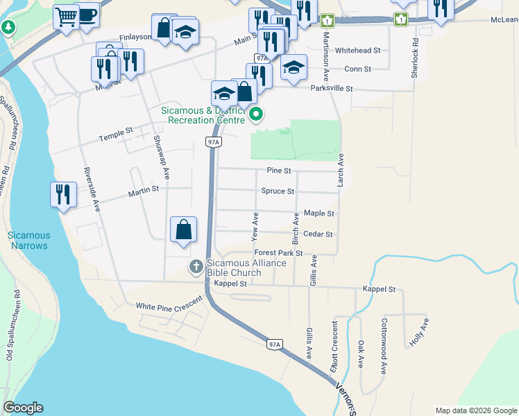 map of restaurants, bars, coffee shops, grocery stores, and more near 602 Maple Street in Sicamous