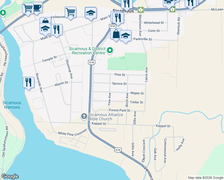 map of restaurants, bars, coffee shops, grocery stores, and more near 602 Maple Street in Sicamous