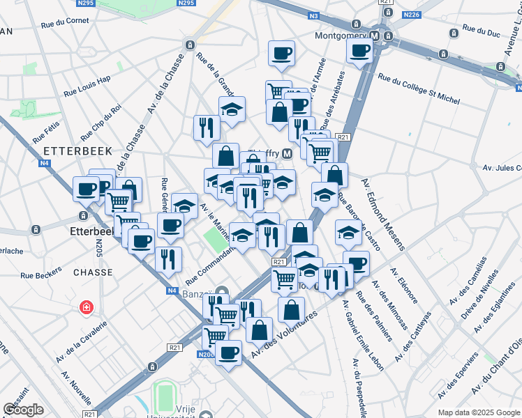 map of restaurants, bars, coffee shops, grocery stores, and more near 43 Rue de Tervaete in Etterbeek