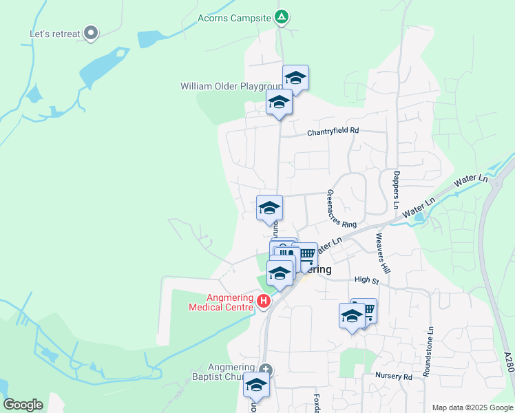 map of restaurants, bars, coffee shops, grocery stores, and more near Older Way in Angmering