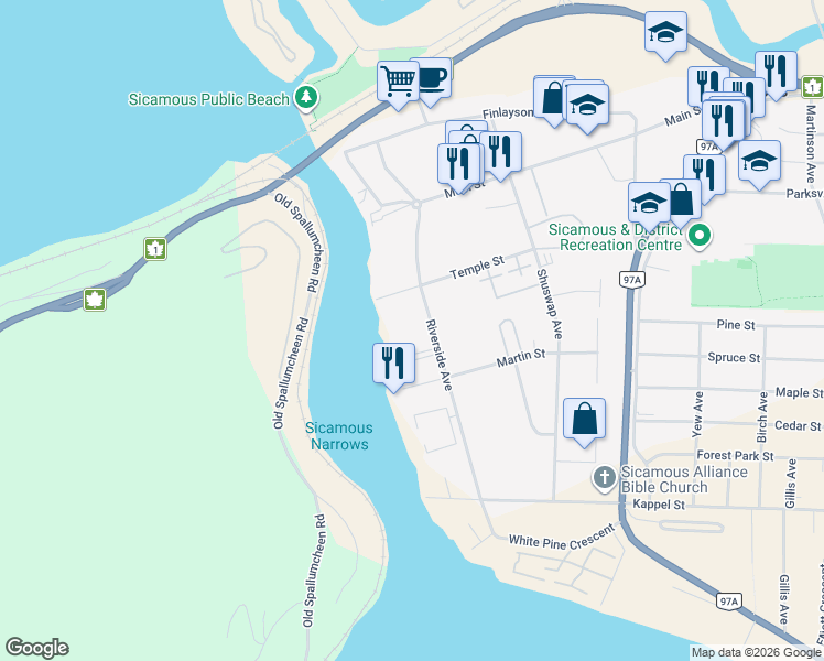 map of restaurants, bars, coffee shops, grocery stores, and more near 1010 Riverside Avenue in Sicamous