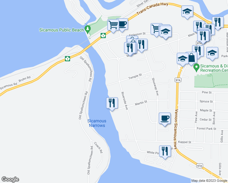 map of restaurants, bars, coffee shops, grocery stores, and more near 1010 Riverside Avenue in Sicamous