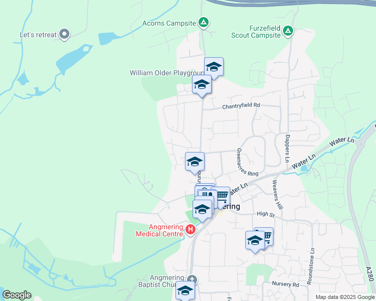 map of restaurants, bars, coffee shops, grocery stores, and more near Older Way in Angmering