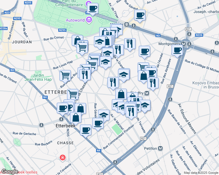 map of restaurants, bars, coffee shops, grocery stores, and more near 4 Rue du Vindictive in Etterbeek