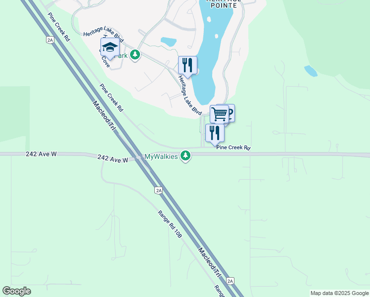 map of restaurants, bars, coffee shops, grocery stores, and more near Pine Creek Road in De Winton