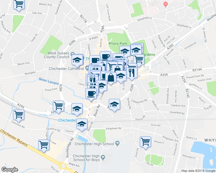 map of restaurants, bars, coffee shops, grocery stores, and more near 9 North Pallant in Chichester