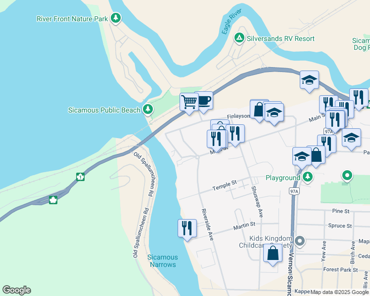map of restaurants, bars, coffee shops, grocery stores, and more near 1214 Riverside Avenue in Sicamous