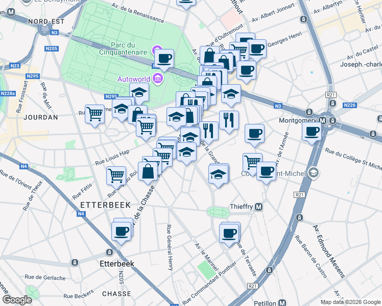 map of restaurants, bars, coffee shops, grocery stores, and more near 2 Avenue Edouard de Thibault in Etterbeek