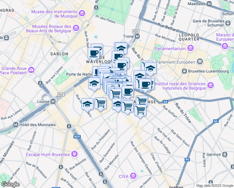 map of restaurants, bars, coffee shops, grocery stores, and more near 11 Rue Francart in Ixelles