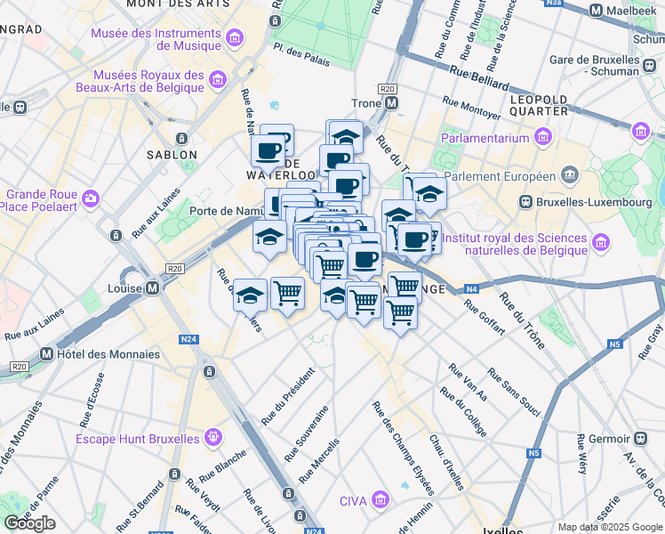 map of restaurants, bars, coffee shops, grocery stores, and more near 11 Rue Francart in Ixelles