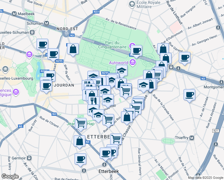 map of restaurants, bars, coffee shops, grocery stores, and more near 11 Rue Félix Hap in Etterbeek