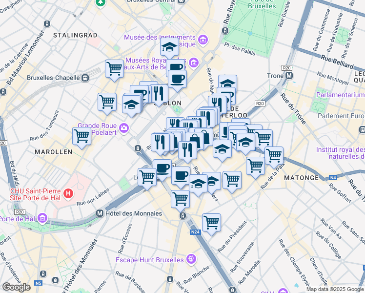 map of restaurants, bars, coffee shops, grocery stores, and more near 38 Boulevard de Waterloo in Bruxelles