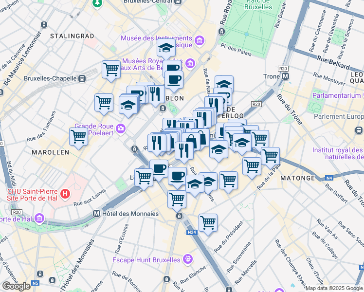 map of restaurants, bars, coffee shops, grocery stores, and more near 38 Boulevard de Waterloo in Bruxelles