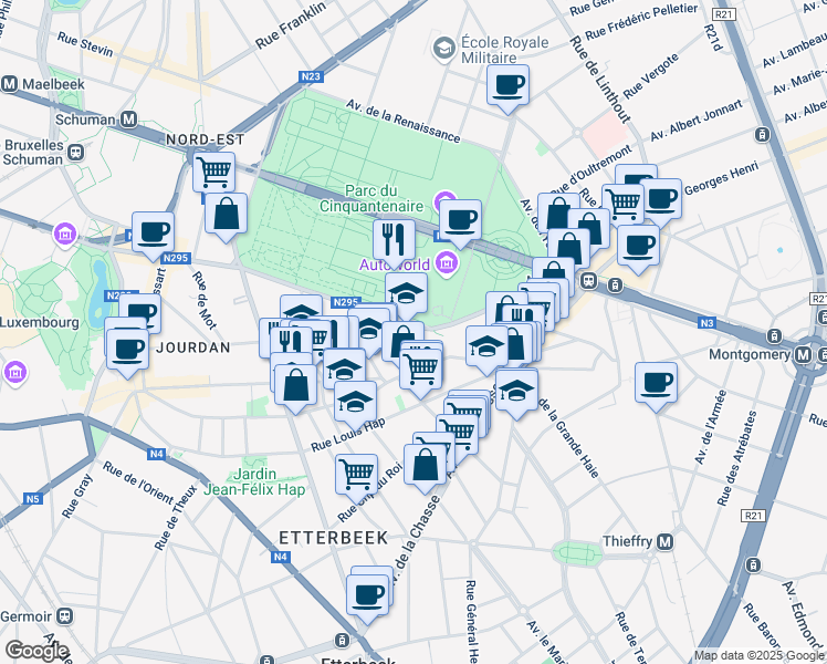 map of restaurants, bars, coffee shops, grocery stores, and more near 117 Avenue des Nerviens in Etterbeek