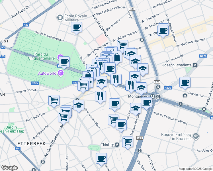 map of restaurants, bars, coffee shops, grocery stores, and more near Cours Saint Michel in Etterbeek