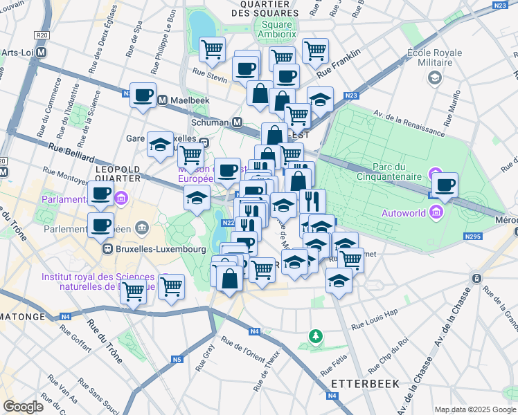 map of restaurants, bars, coffee shops, grocery stores, and more near 38 Rue Froissart in Etterbeek