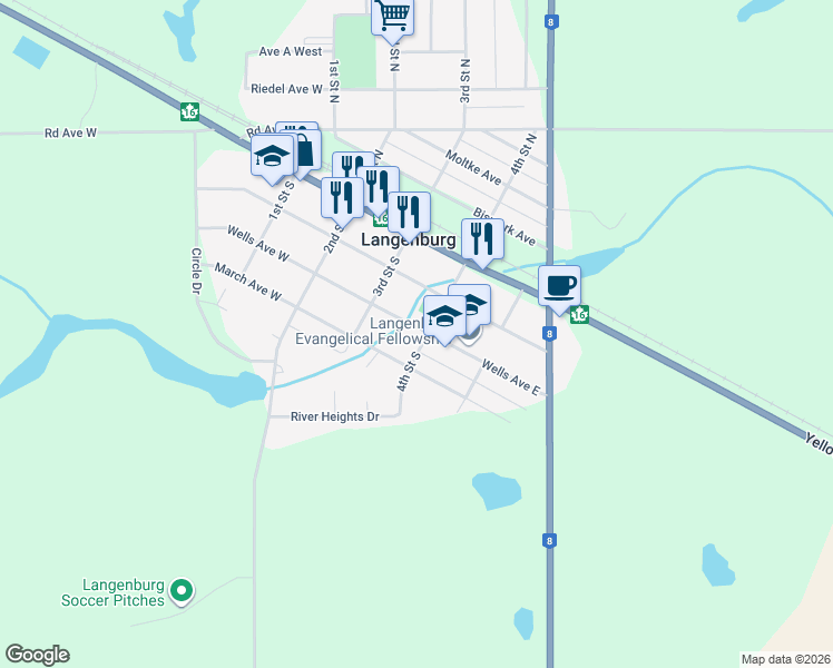map of restaurants, bars, coffee shops, grocery stores, and more near 401 Wells Avenue East in Langenburg